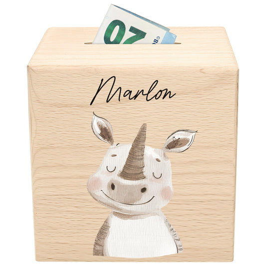Spardose für Kinder Nashorn personalisiert Safari Tiere Sparbox aus Holz Sparschwein mit Schlüssel Taufgeschenk für Jungen & Mädchen
