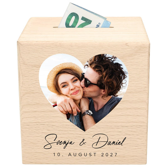 Hochzeitsgeschenk für Brautpaar Spardose aus Holz personalisierte als Geld Geschenk inkl. Schloss & Schlüssel