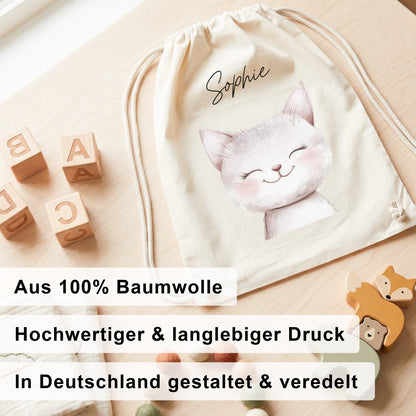 Katze Turnbeutel Kinder personalisierter Sportbeutel für Kindergarten & Kita Stoffbeutel mit Kordelzug