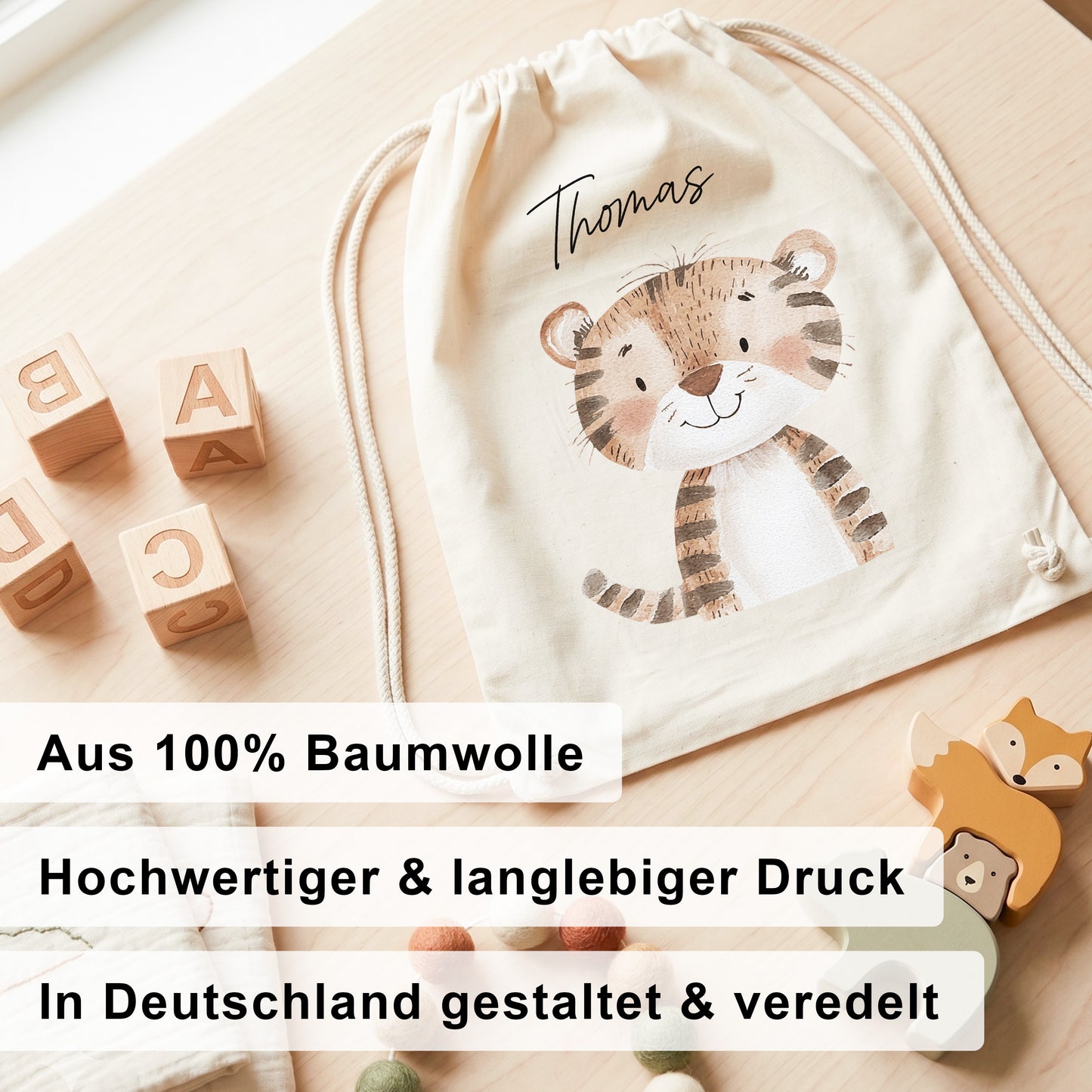 Tiger Turnbeutel für Kinder personalisierter Sportbeutel für den Kindergarten Stoffbeutel mit Kordelzug
