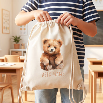 Bär Turnbeutel Kinder personalisierter Sportbeutel für den Kindergarten Stoffbeutel mit Kordelzug