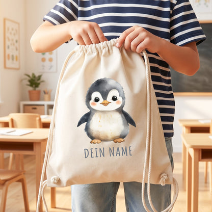 Pinguin Turnbeutel Kinder personalisierter Sportbeutel für den Kindergarten Stoffbeutel mit Kordelzug