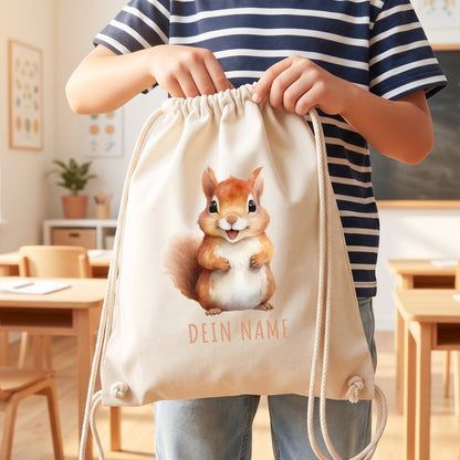 Eichhörnchen Turnbeutel Kinder personalisierter Sportbeutel für den Kindergarten Stoffbeutel mit Kordelzug