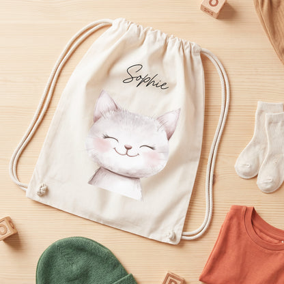 Katze Turnbeutel Kinder personalisierter Sportbeutel für Kindergarten & Kita Stoffbeutel mit Kordelzug
