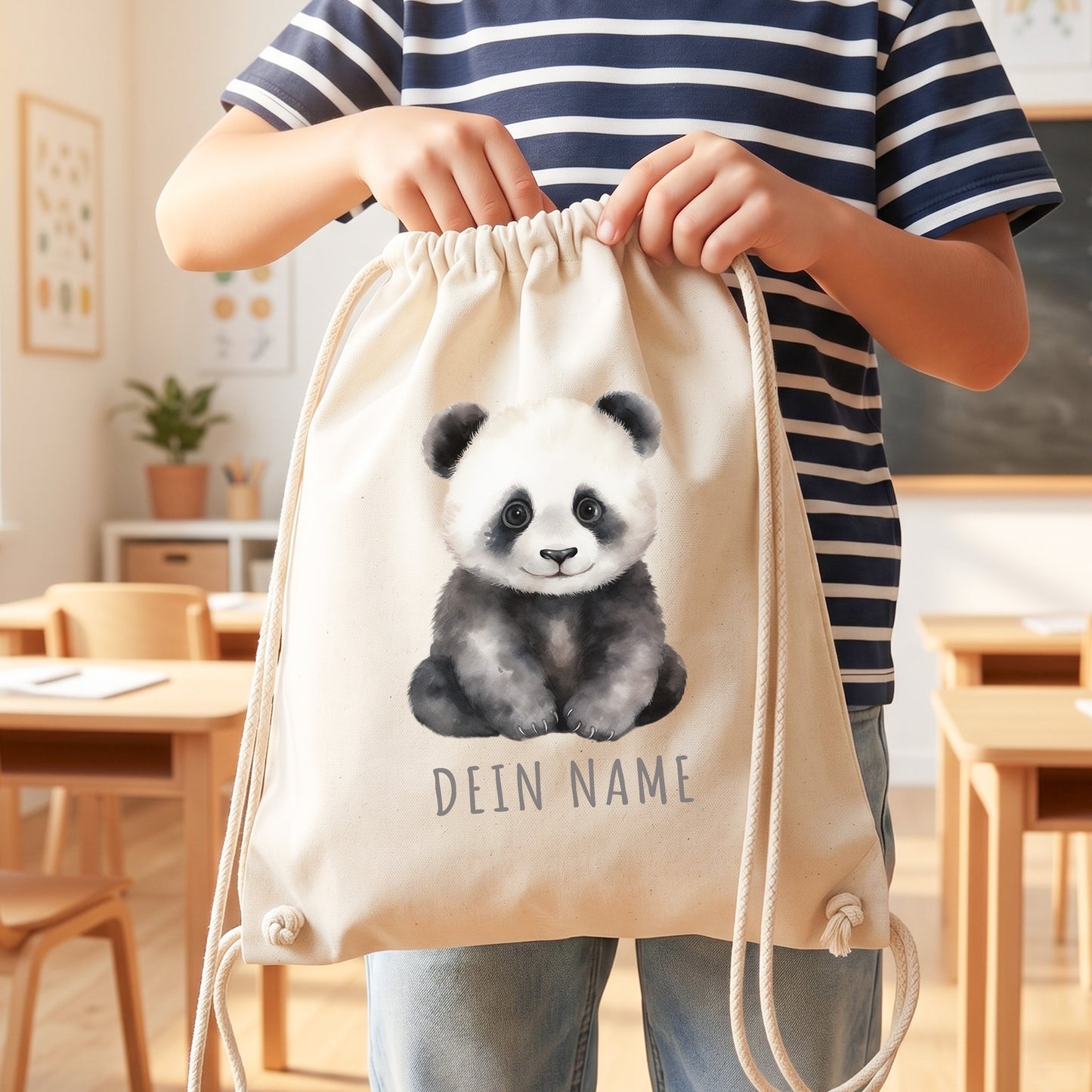 Panda Turnbeutel Kinder personalisierter Sportbeutel für den Kindergarten Stoffbeutel mit Kordelzug