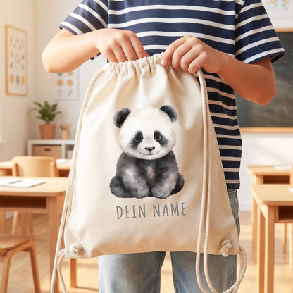 Panda Turnbeutel Kinder personalisierter Sportbeutel für den Kindergarten Stoffbeutel mit Kordelzug