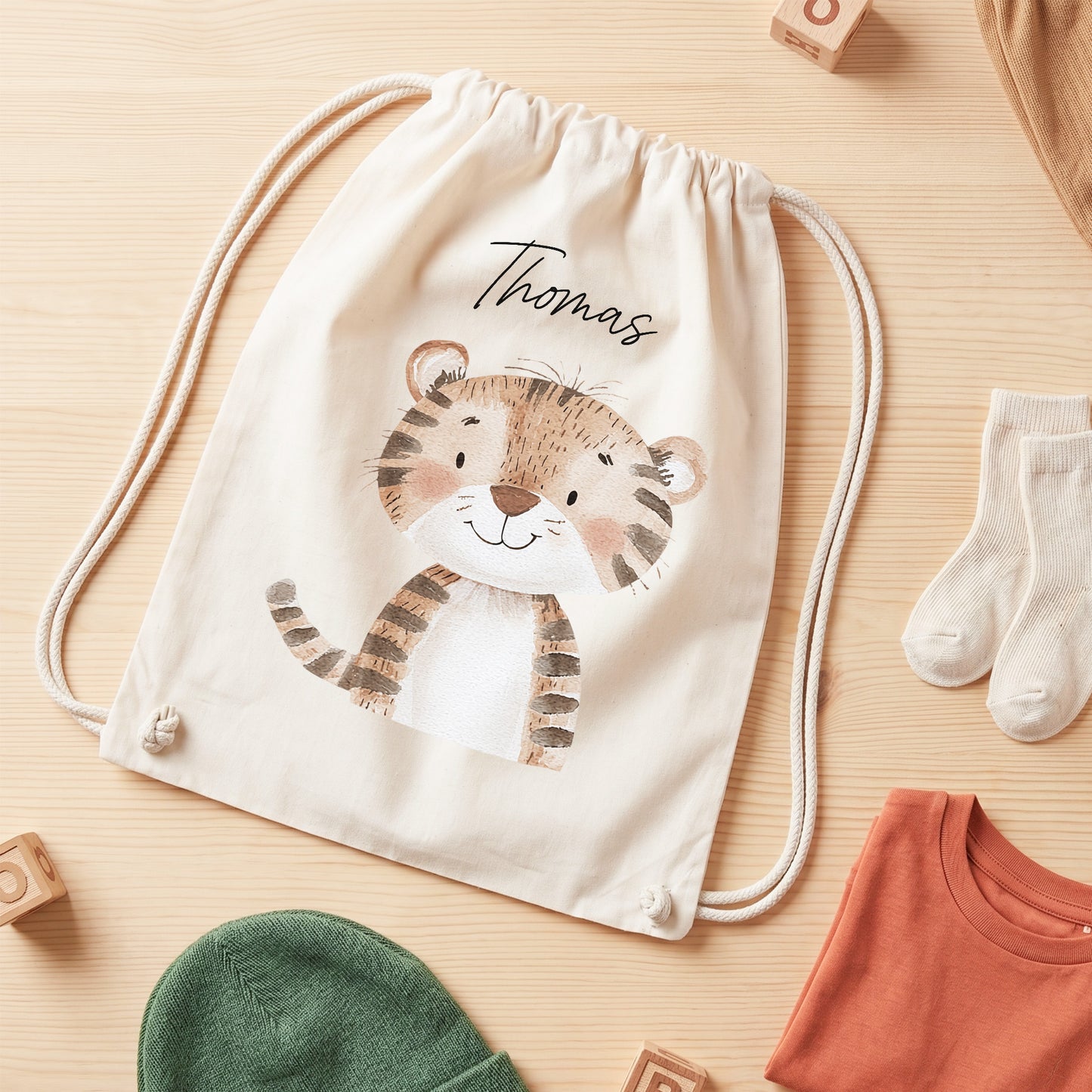Tiger Turnbeutel für Kinder personalisierter Sportbeutel für den Kindergarten Stoffbeutel mit Kordelzug