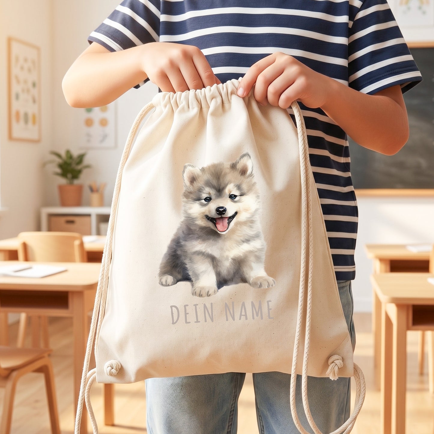 Wolf Turnbeutel Kinder personalisierter Sportbeutel für den Kindergarten Stoffbeutel mit Kordelzug