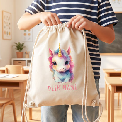Einhorn Turnbeutel Kinder personalisierter Sportbeutel für den Kindergarten Stoffbeutel mit Kordelzug