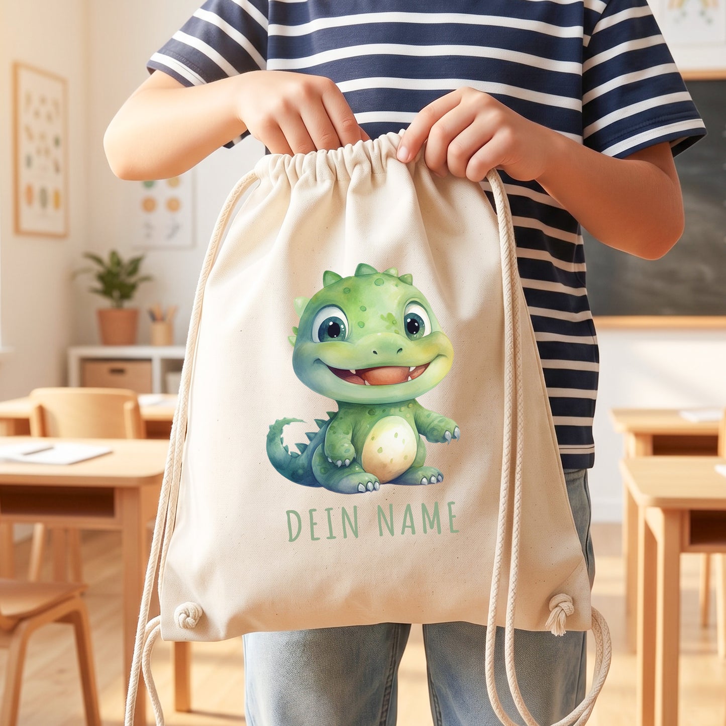 Dino Turnbeutel Kinder personalisierter Sportbeutel für den Kindergarten Stoffbeutel mit Kordelzug
