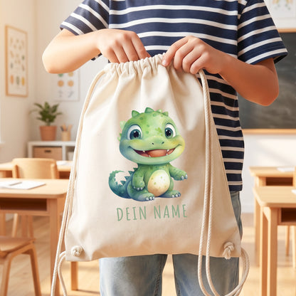 Dino Turnbeutel Kinder personalisierter Sportbeutel für den Kindergarten Stoffbeutel mit Kordelzug