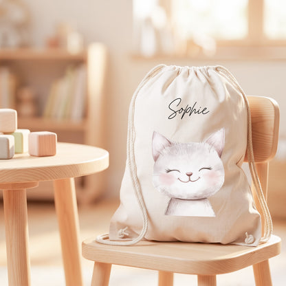 Katze Turnbeutel Kinder personalisierter Sportbeutel für Kindergarten & Kita Stoffbeutel mit Kordelzug