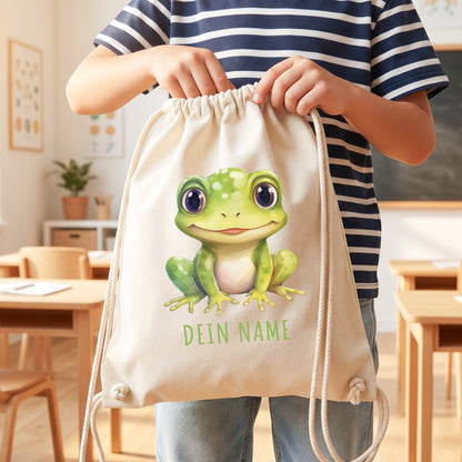 Frosch Turnbeutel Kinder personalisierter Sportbeutel für den Kindergarten Stoffbeutel mit Kordelzug