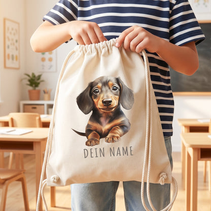 Dackel Turnbeutel Kinder personalisierter Sportbeutel für den Kindergarten Stoffbeutel mit Kordelzug