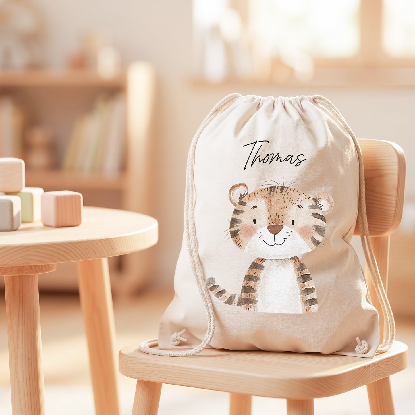Tiger Turnbeutel für Kinder personalisierter Sportbeutel für den Kindergarten Stoffbeutel mit Kordelzug