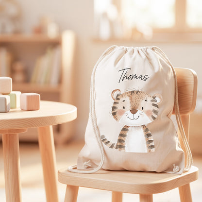 Tiger Turnbeutel für Kinder personalisierter Sportbeutel für den Kindergarten Stoffbeutel mit Kordelzug