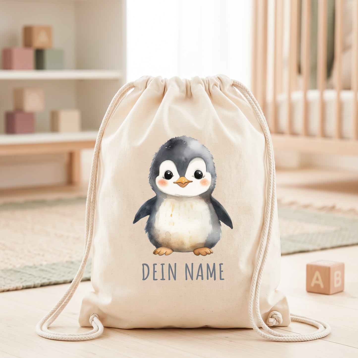 Pinguin Turnbeutel Kinder personalisierter Sportbeutel für den Kindergarten Stoffbeutel mit Kordelzug