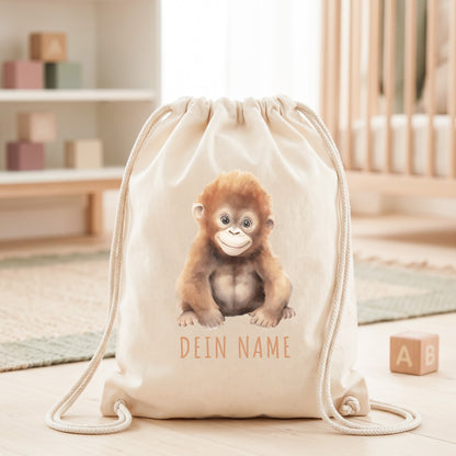 Affe Turnbeutel Kinder personalisierter Sportbeutel für den Kindergarten Stoffbeutel mit Kordelzug