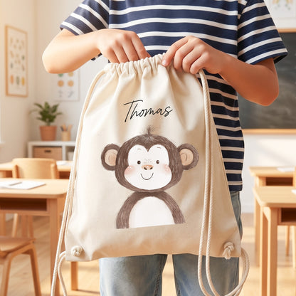 Affe Turnbeutel für Kinder personalisierter Sportbeutel für den Kindergarten Stoffbeutel mit Kordelzug
