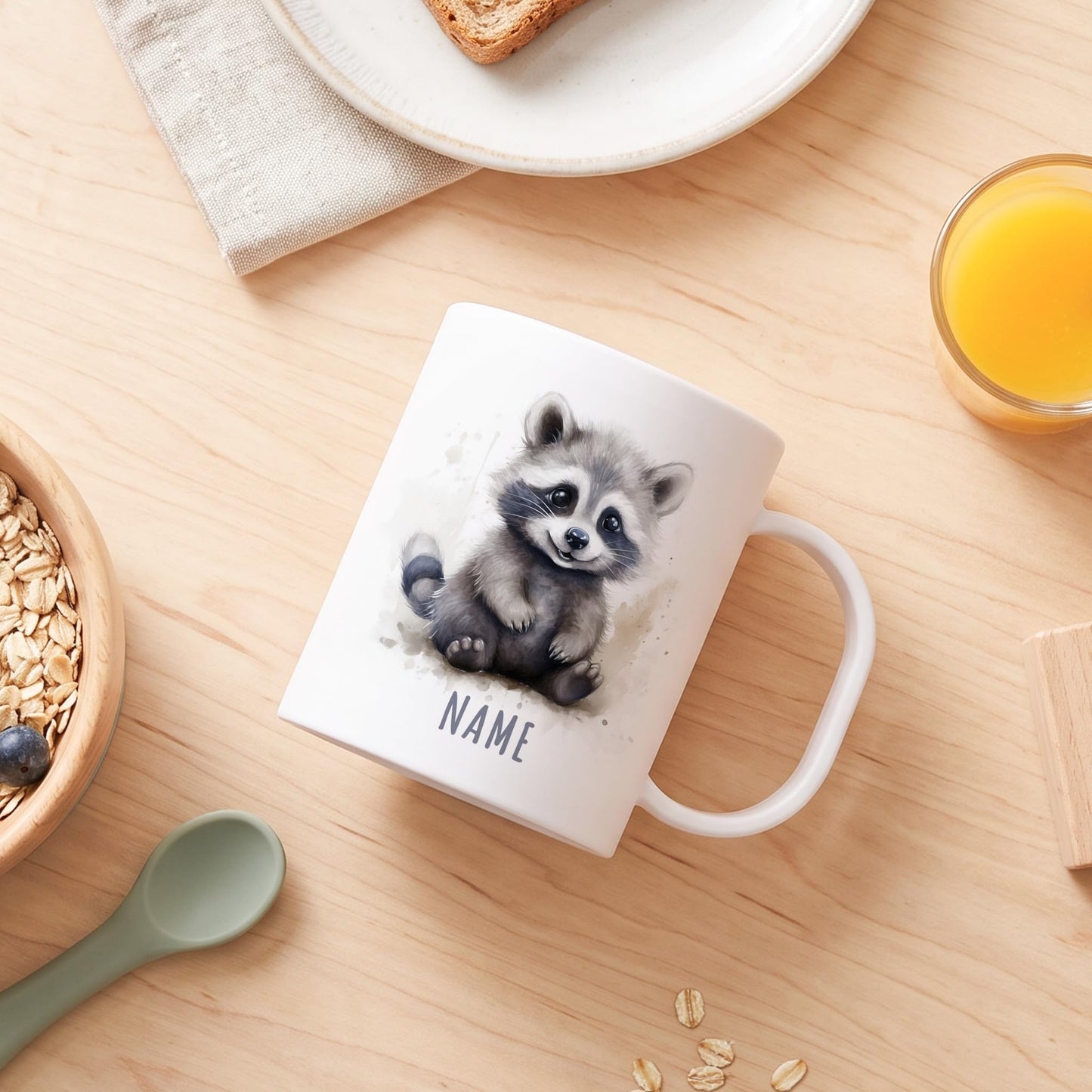 Bruchsichere Kindertasse leichte Kunststoff Tasse mit Henkel für Kindergarten, Waschbär