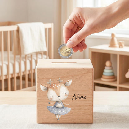 Spardose für Mädchen personalisierte Sparbox aus Holz mit REH Geldgeschenk für Kinder