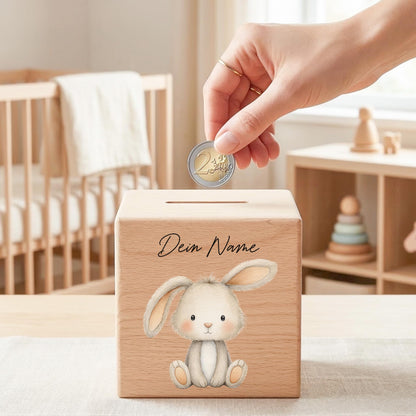 Hase Spardose für Kinder aus Holz personalisierte Sparbox Holzspardose mit Schlüssel als Geldgeschenk