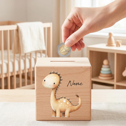 Spardose Dino für Jungen personalisierte Sparbox aus Holz Sparschwein für Kinder V1