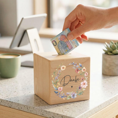 Danke Trinkgeldkasse mit Wildblumen Spardose aus Holz als Kaffeekasse