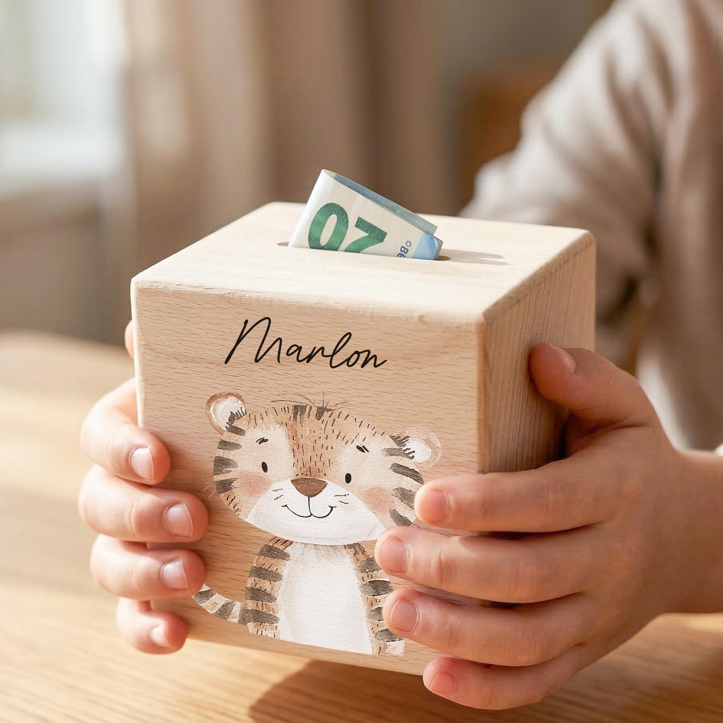Spardose für Kinder Tiger personalisiert Safari Tiere Sparbox aus Holz Sparschwein mit Schlüssel Taufgeschenk für Jungen & Mädchen