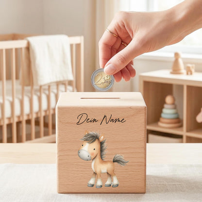 Pferd Spardose für Kinder aus Holz personalisierte Sparbox Holzspardose mit Schlüssel als Geldgeschenk