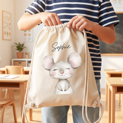 Maus Turnbeutel Kinder personalisierter Sportbeutel für Kindergarten & Kita Stoffbeutel mit Kordelzug