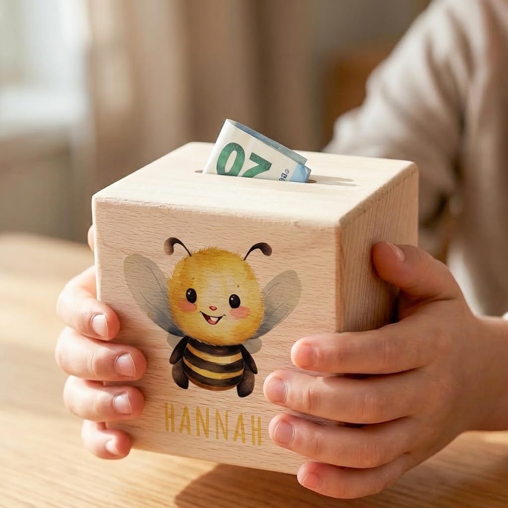 Biene Spardose für Kinder personalisiert Sparbox aus Holz Sparschwein mit Schlüssel Taufgeschenk für Jungen und Mädchen