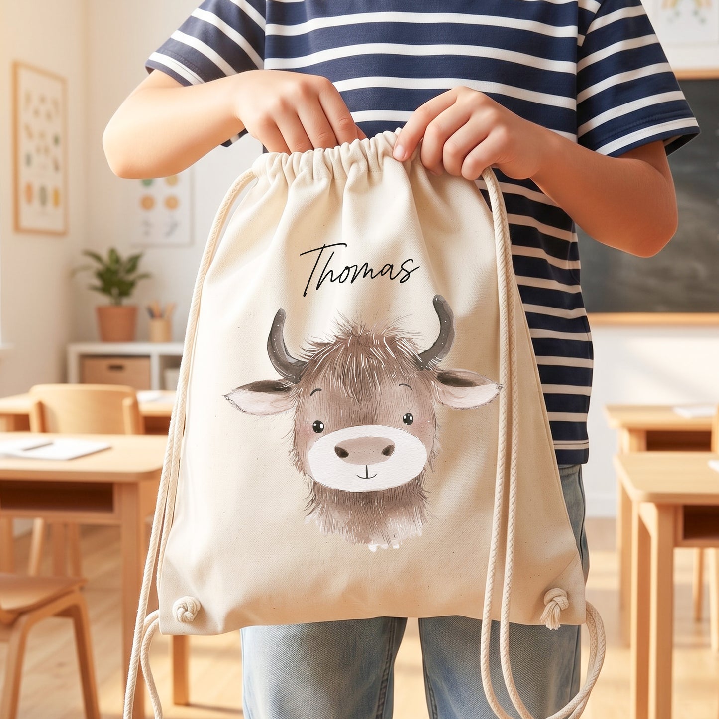 Büffel Turnbeutel für Kinder personalisierter Sportbeutel für den Kindergarten Stoffbeutel mit Kordelzug