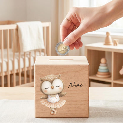 Spardose für Mädchen personalisierte Sparbox aus Holz mit Eule Geldgeschenk für Kinder