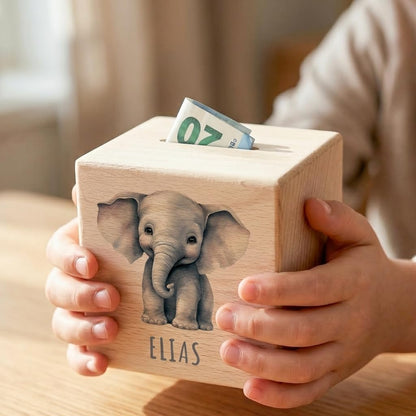 Elefant Spardose für Kinder personalisiert Sparbox aus Holz Sparschwein mit Schlüssel Taufgeschenk für Jungen und Mädchen