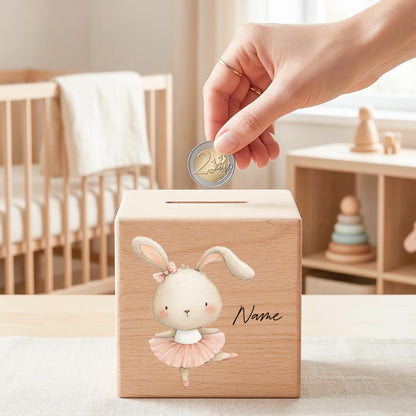 Spardose für Mädchen personalisierte Sparbox aus Holz mit Hase Geldgeschenk für Kinder