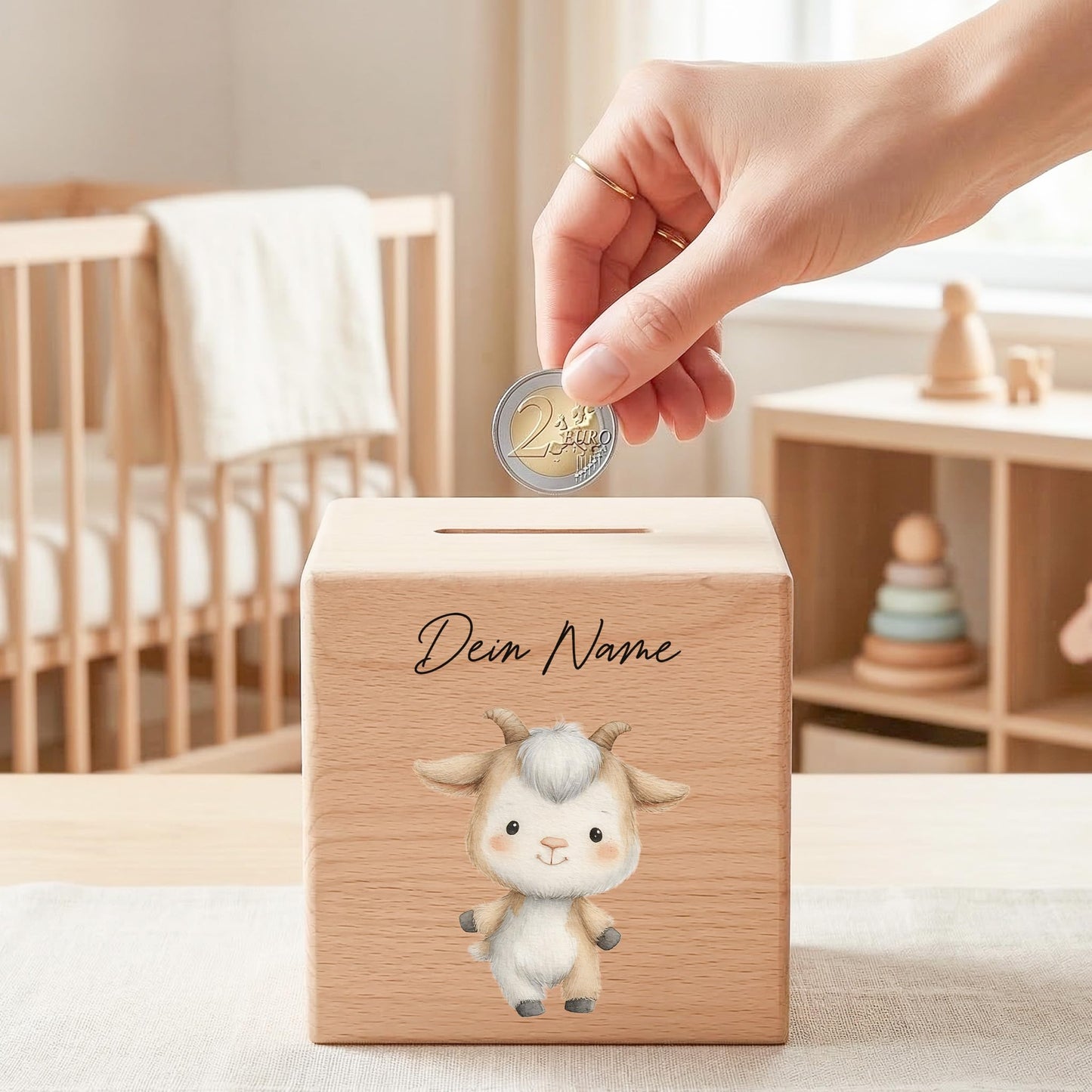 Ziege Spardose für Kinder aus Holz personalisierte Sparbox Holzspardose mit Schlüssel als Geldgeschenk