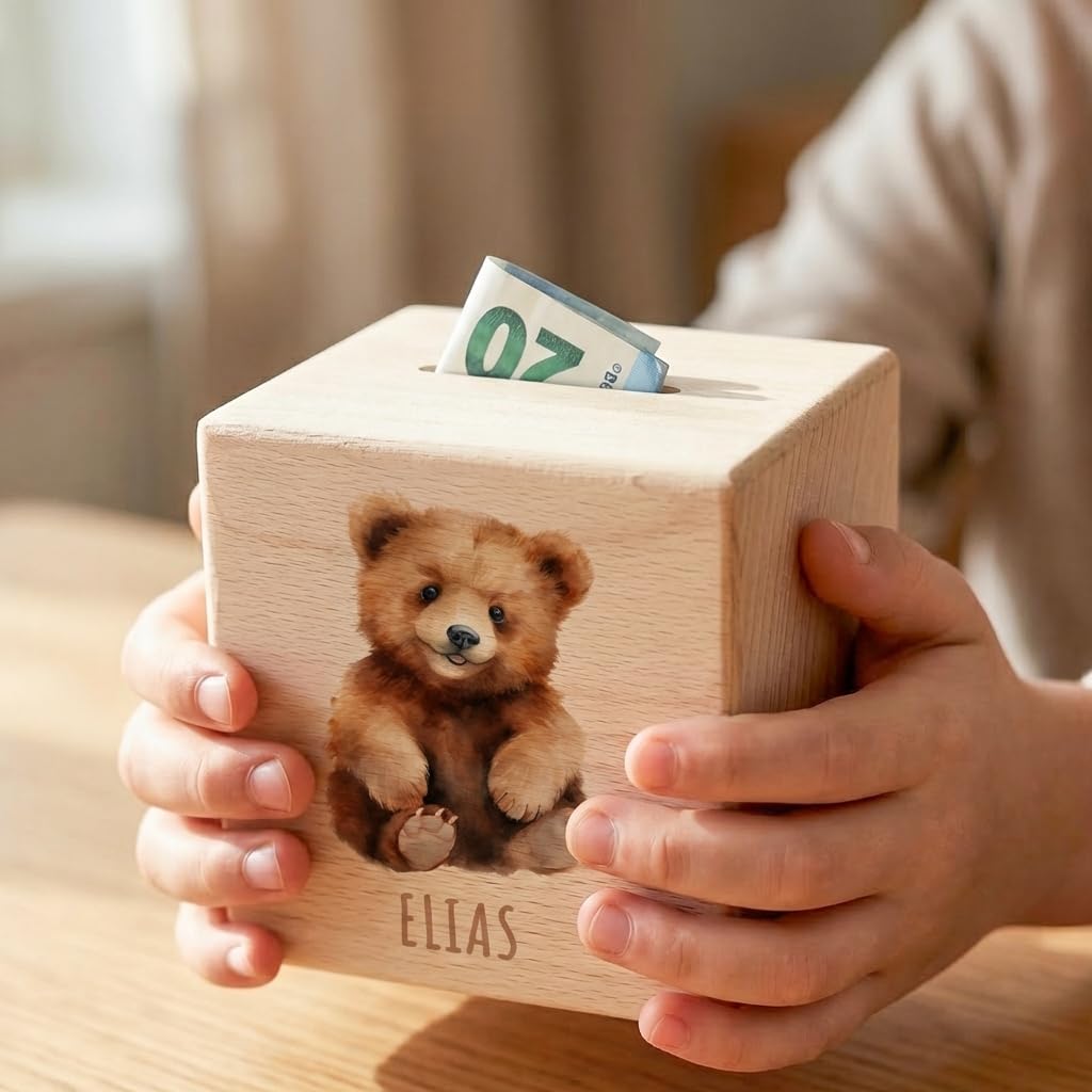 Bär Spardose für Kinder personalisiert Sparbox aus Holz Sparschwein mit Schlüssel Taufgeschenk für Jungen und Mädchen