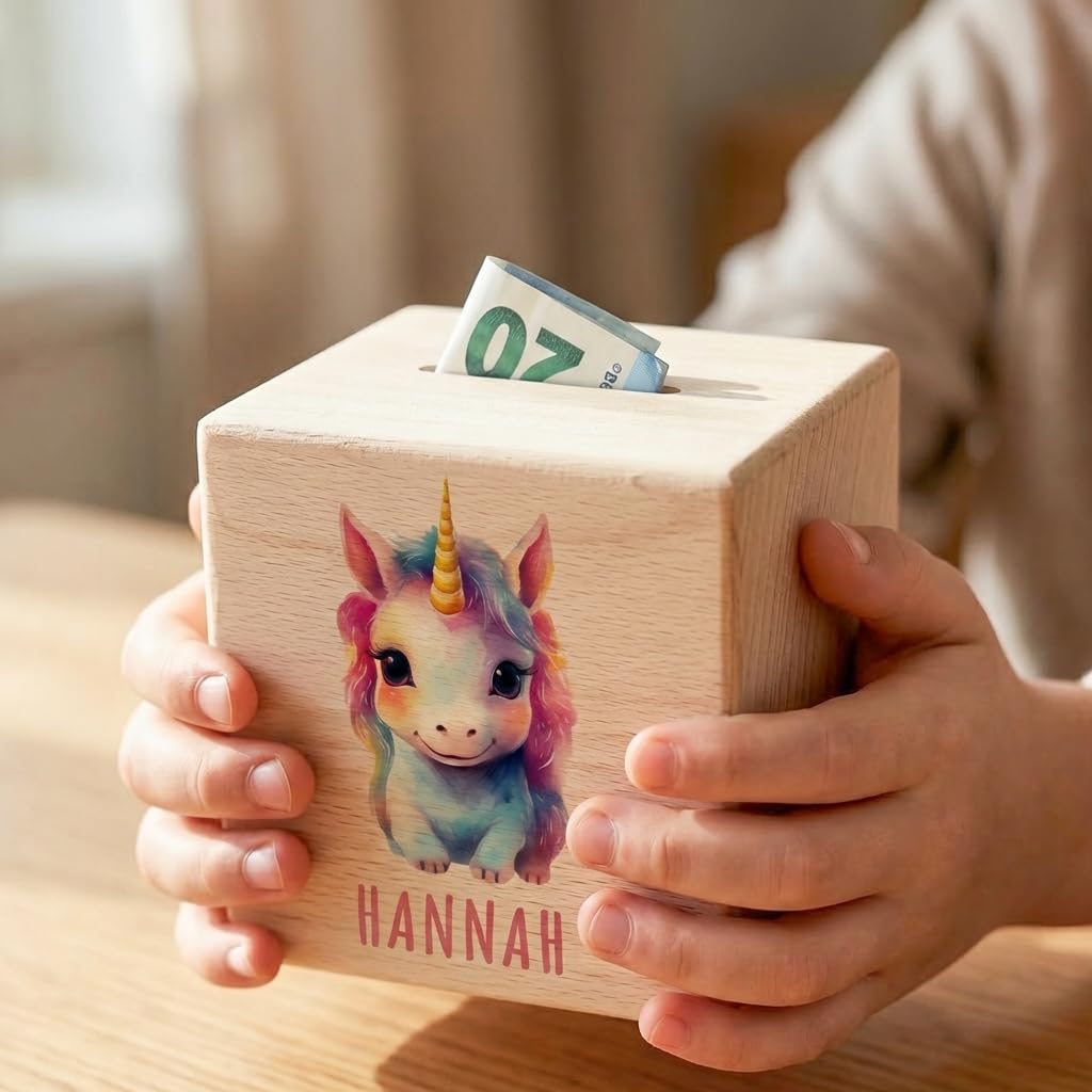 Tier Spardose für Kinder personalisiert Sparbox aus Holz Sparschwein mit Schlüssel Taufgeschenk für Jungen und Mädchen (Einhorn)