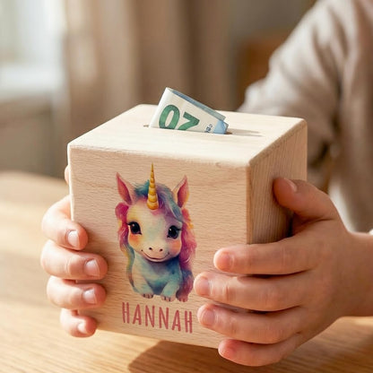 Tier Spardose für Kinder personalisiert Sparbox aus Holz Sparschwein mit Schlüssel Taufgeschenk für Jungen und Mädchen (Einhorn)