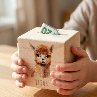 Alpaka Spardose für Kinder personalisiert Sparbox aus Holz Sparschwein mit Schlüssel Taufgeschenk für Jungen und Mädchen