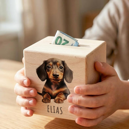 Tier Spardose für Kinder personalisiert Sparbox aus Holz Sparschwein mit Schlüssel Taufgeschenk für Jungen und Mädchen (Dackel)