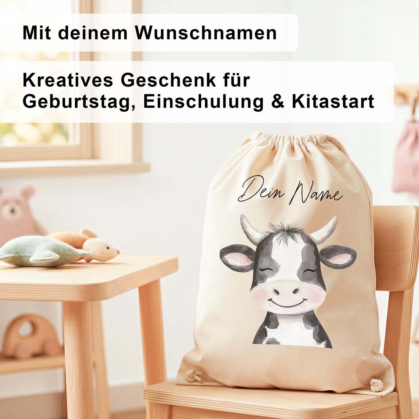 Kuh Turnbeutel Kinder personalisierter Sportbeutel für Kindergarten & Kita Stoffbeutel mit Kordelzug