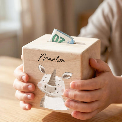 Spardose für Kinder Nashorn personalisiert Safari Tiere Sparbox aus Holz Sparschwein mit Schlüssel Taufgeschenk für Jungen & Mädchen