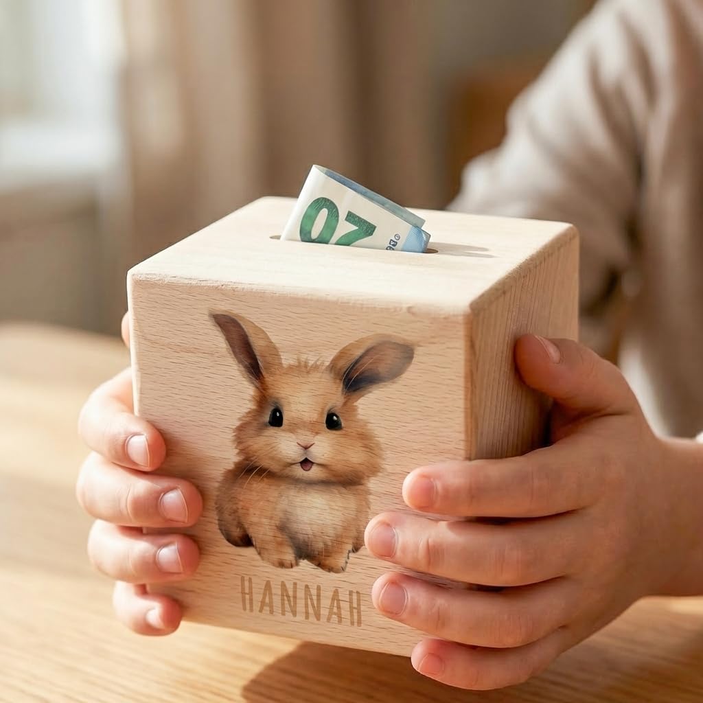 Hase Spardose für Kinder personalisiert Sparbox aus Holz Sparschwein mit Schlüssel Taufgeschenk für Jungen und Mädchen