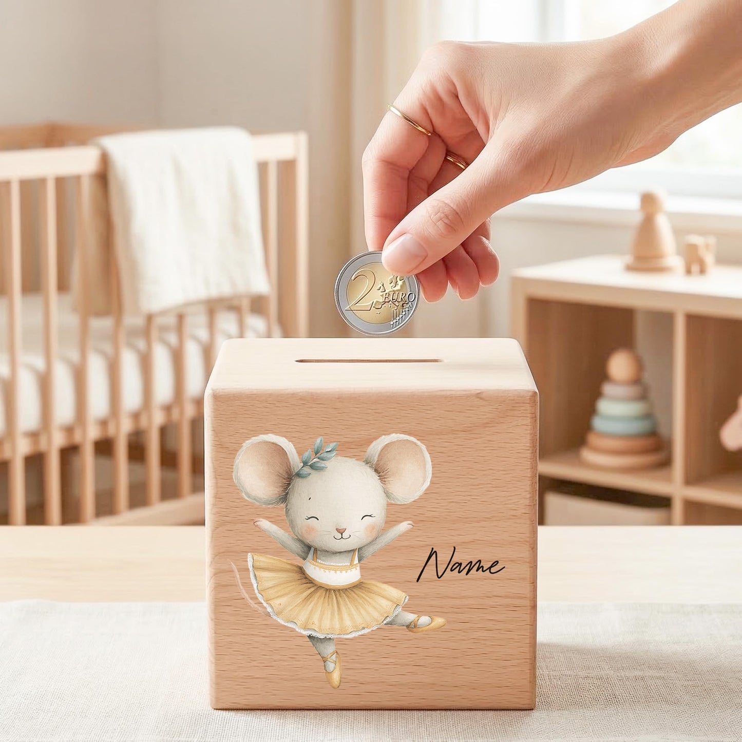 Spardose für Mädchen personalisierte Sparbox aus Holz mit Maus Geldgeschenk für Kinder