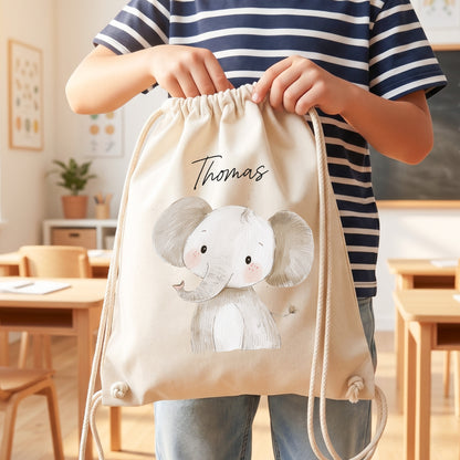 Elefant Turnbeutel für Kinder personalisierter Sportbeutel für den Kindergarten Stoffbeutel mit Kordelzug