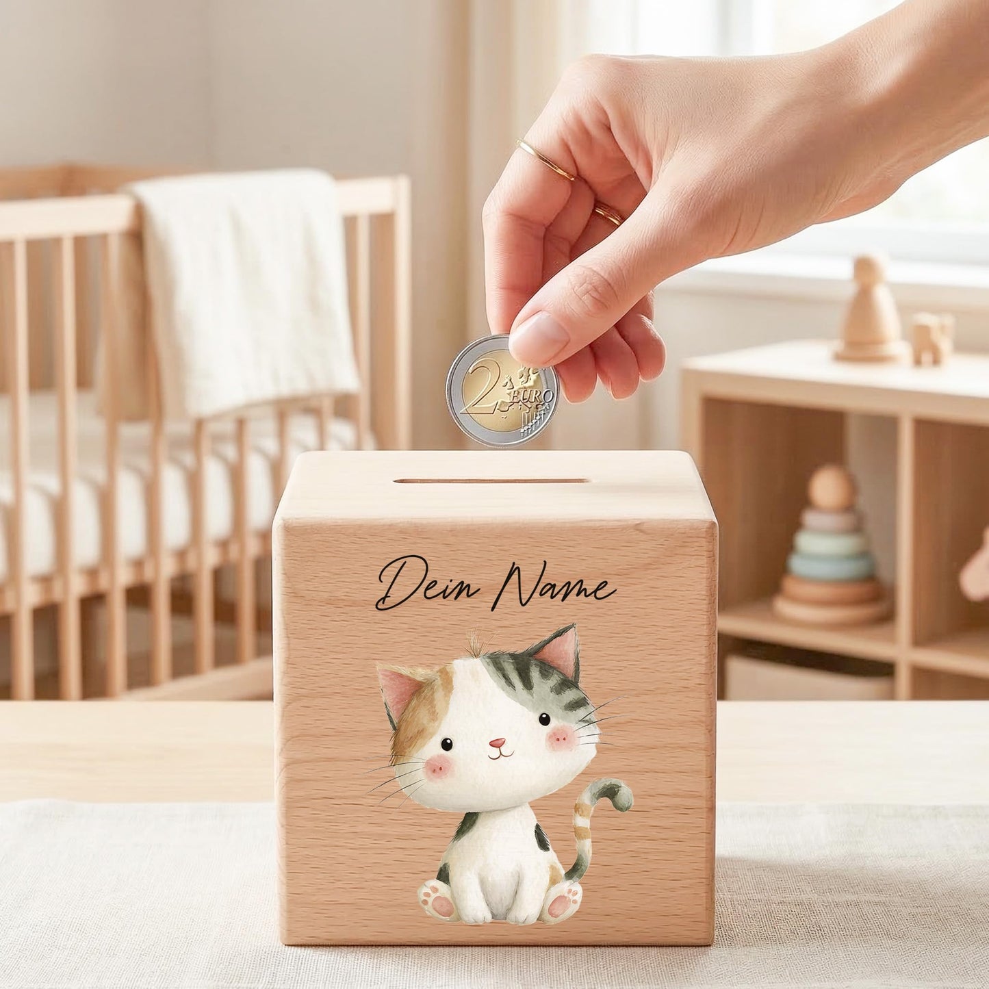 Katze Spardose für Kinder aus Holz personalisierte Sparbox Holzspardose mit Schlüssel als Geldgeschenk