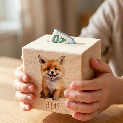 Fuchs Spardose für Kinder personalisiert Sparbox aus Holz Sparschwein mit Schlüssel Taufgeschenk für Jungen und Mädchen