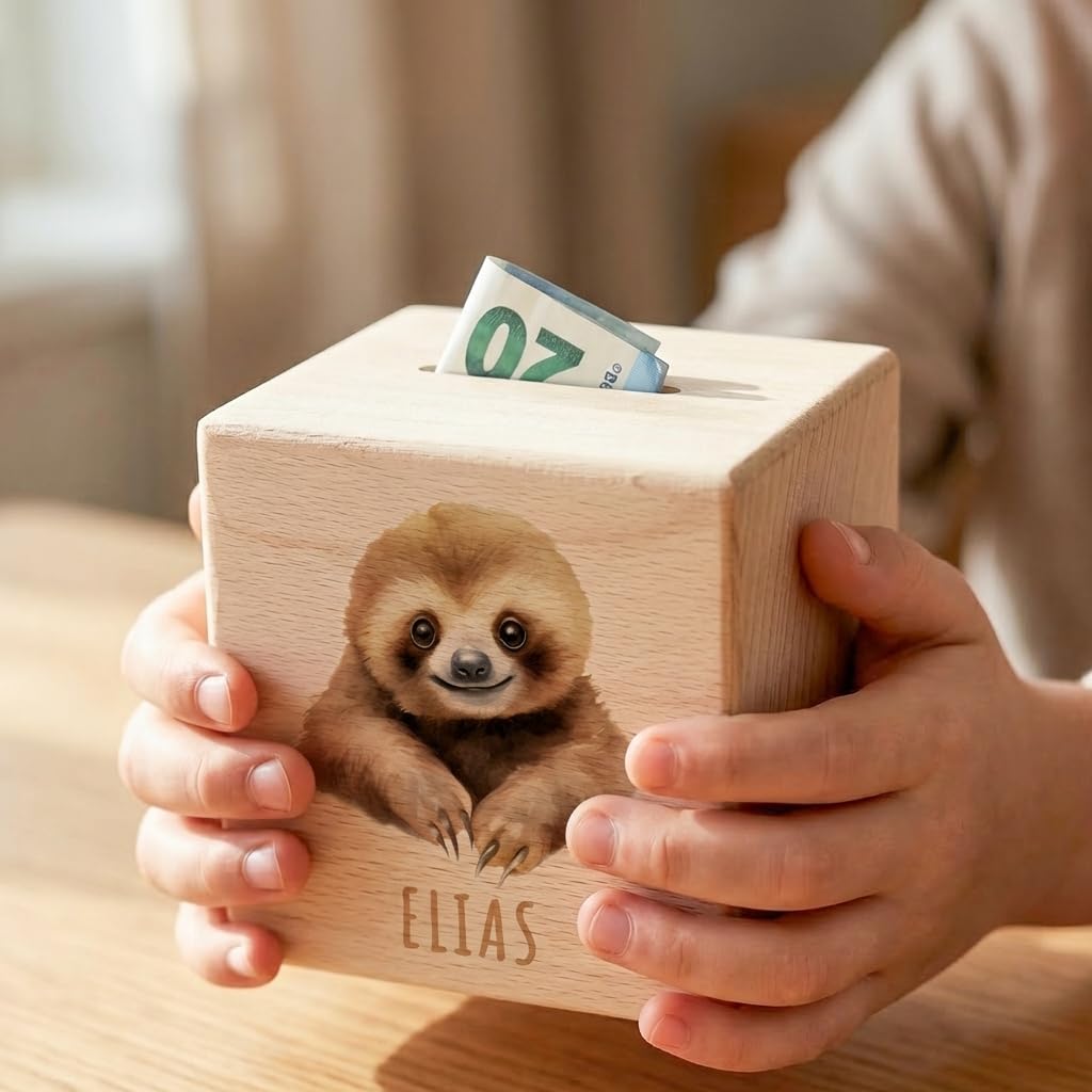 Faultier Spardose für Kinder personalisiert Sparbox aus Holz Sparschwein mit Schlüssel Taufgeschenk für Jungen und Mädchen